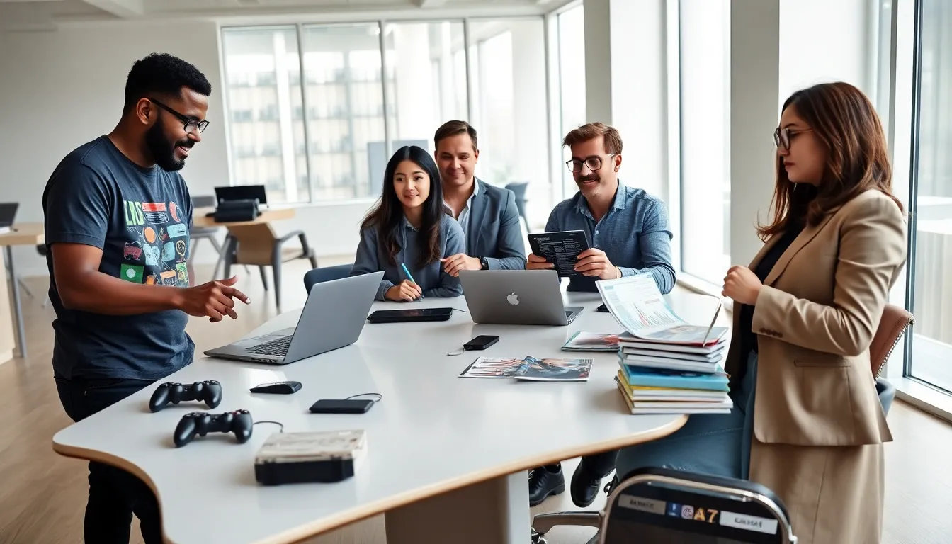 four diverse founders collaborating in a modern office space.