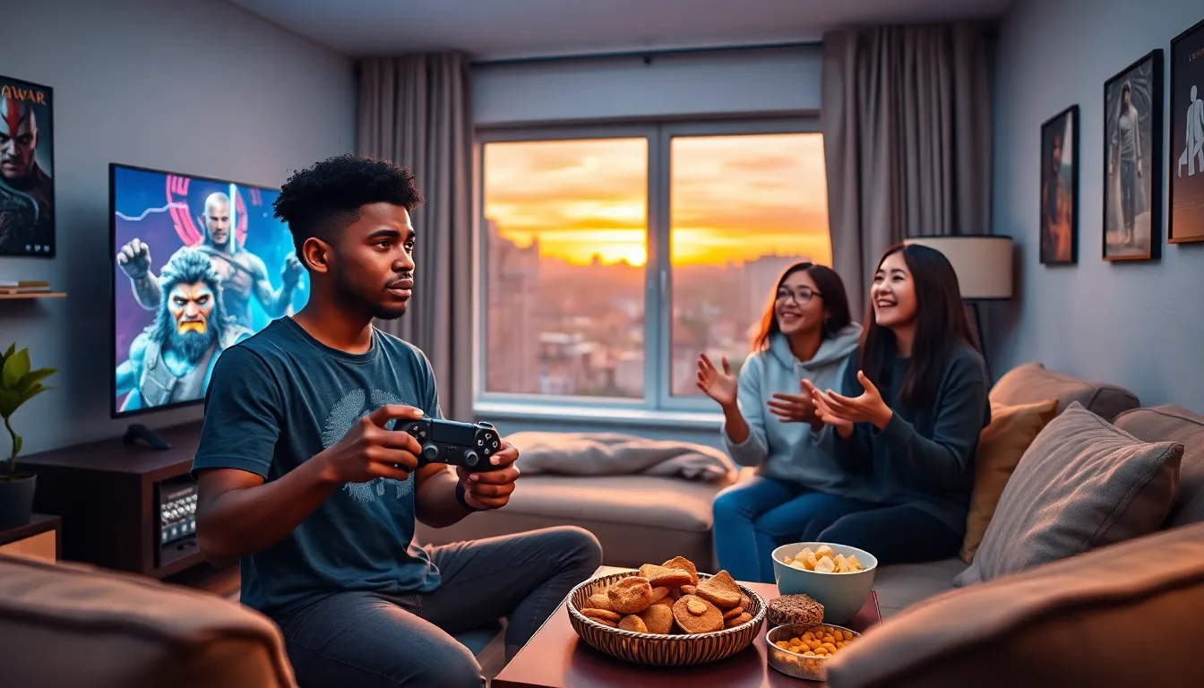 friends playing PlayStation in a cozy living room at sunset.