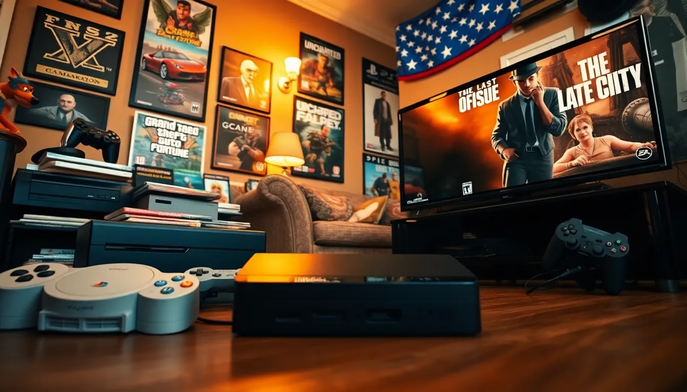 a nostalgic collage of PlayStation consoles in a cozy living room setting.